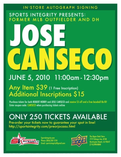 Jose Canseco Signing | June 5, 2010 | Event Flyer