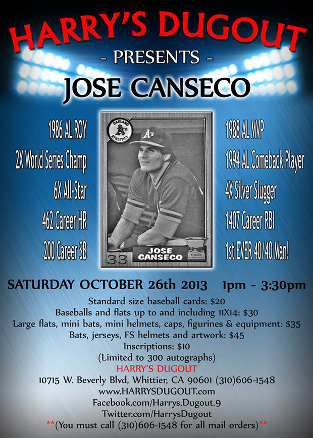 Jose Canseco Signing | October 26, 2013 | Event Flyer