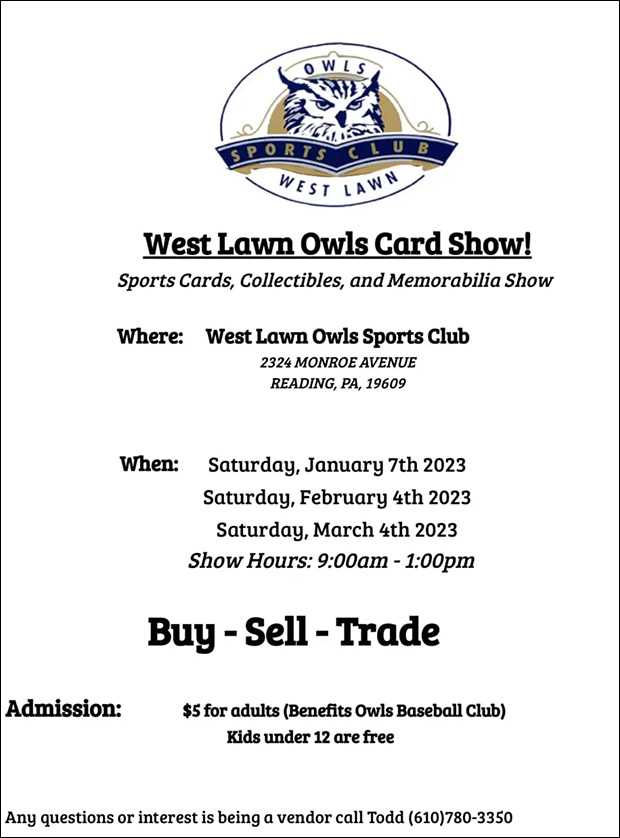 West Lawn Owls Card Show | 2023 Dates | Event Flyer