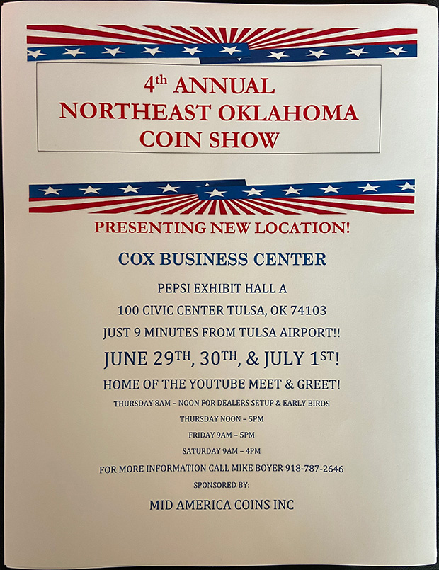 Northeast Oklahoma Coin Show | June 29-July 1, 2023 | Event Flyer
