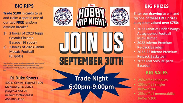 RJ Sports Trade Night | September 30, 2023 | Event Flyer