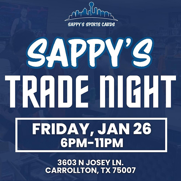 Sappy's Sports Cards Trade Night | January 26, 2024 | Event Flyer