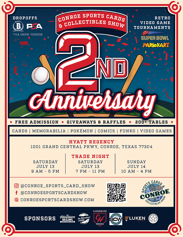 Conroe Sports Cards and Collectibles Show | July 13-15, 2024 | Event Flyer