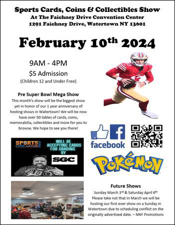 Watertown Sports Cards, Coins & Collectibles Show | February 10, 2024 | Event Flyer